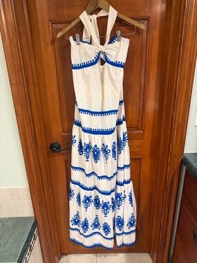 SHEIN White Maxi Dress with Blue Embroidered Accents